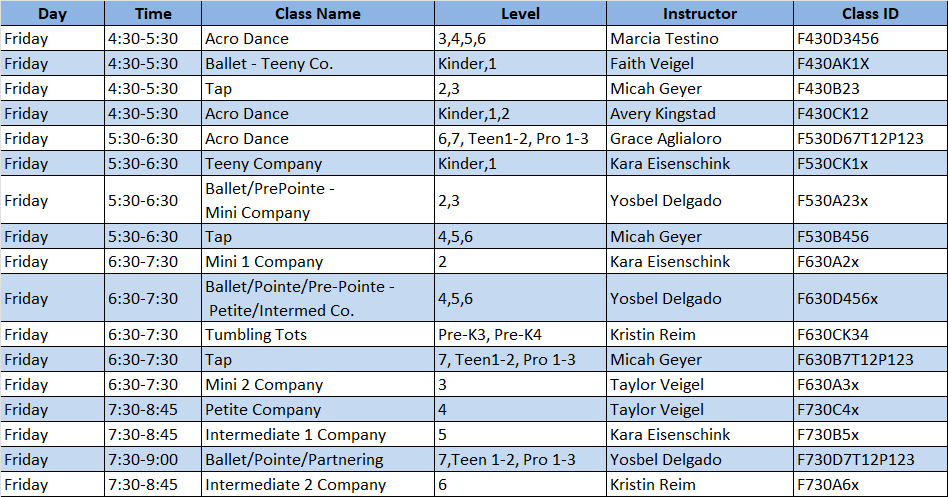 Friday Class Schedule