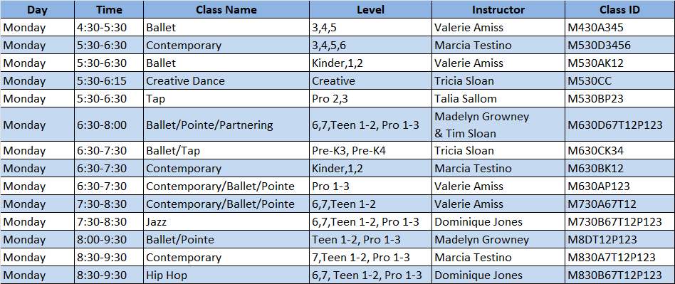 Monday Class Schedule
