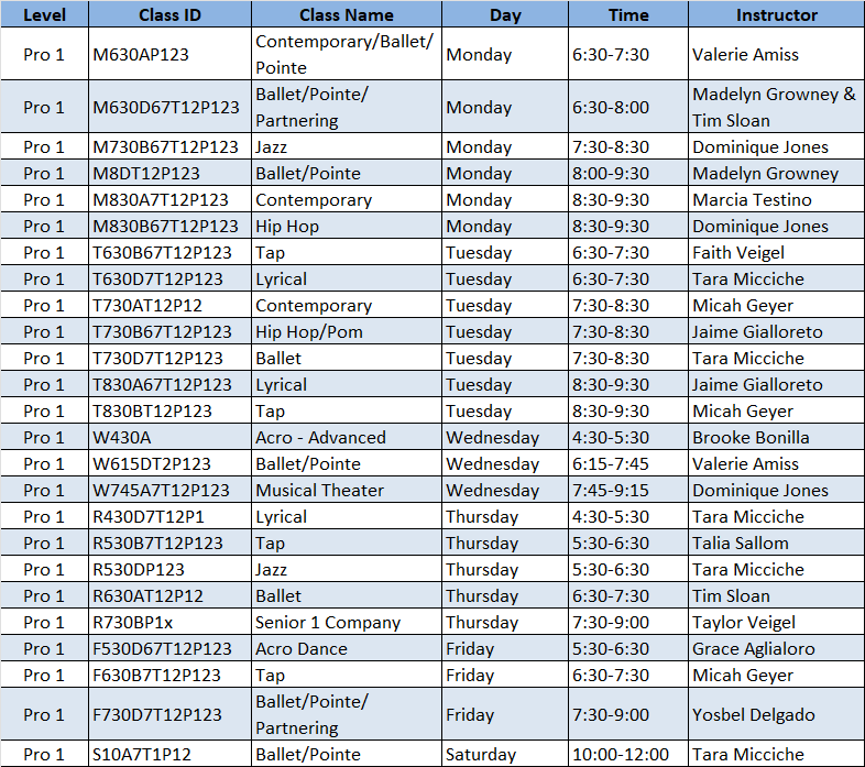 Level Pro 1 Schedule
