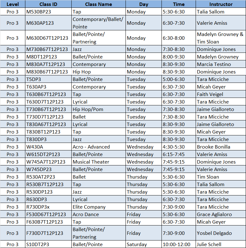 Level Pro 3 Schedule
