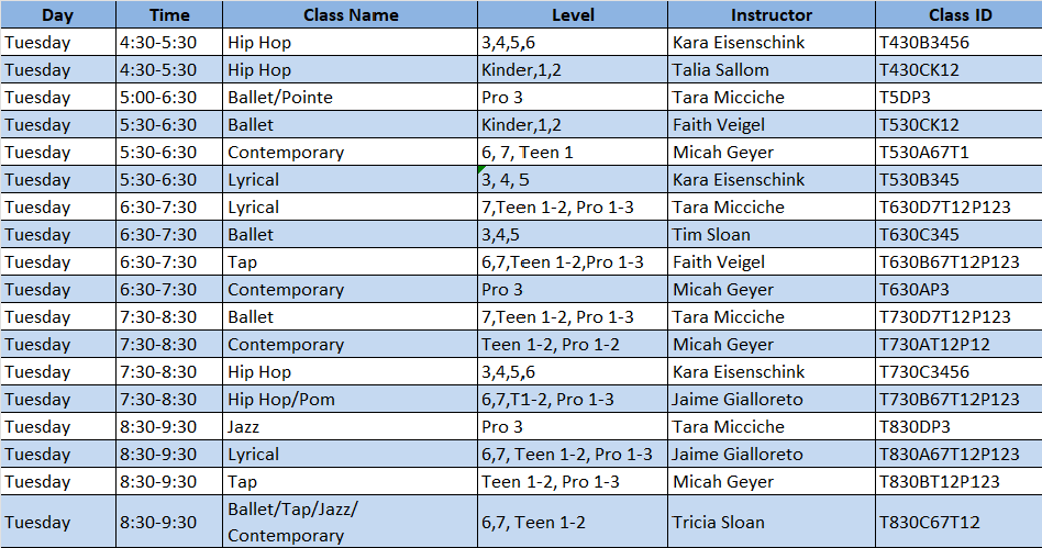 Tuesday Class Schedule