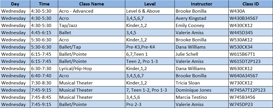 Wednesday Class Schedule